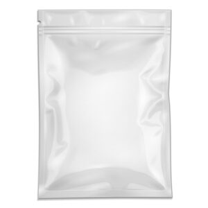White Blank Filled Retort Foil Pouch Bag Packaging With Zipper. For Medicine Drugs Or Food Product. Illustration Isolated On White Background. Mock Up Template Ready For Your Design. Vector EPS10